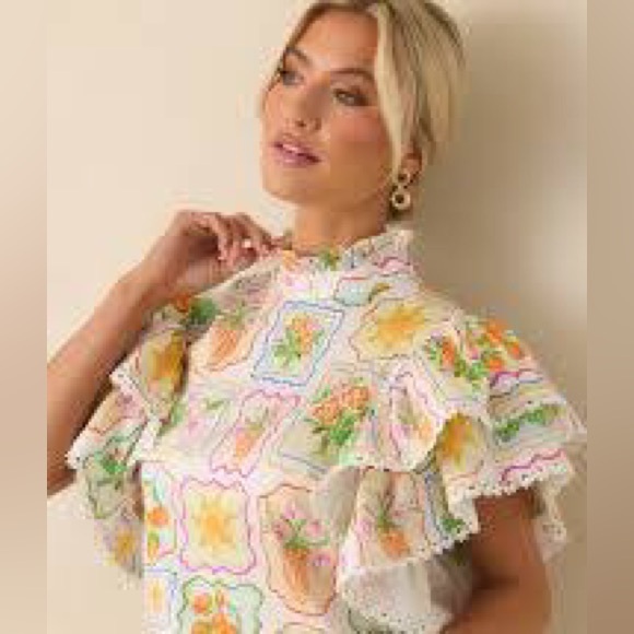 prosperina Tops - New with tag Prosperina Floral Patchwork Ruffle Sleeve Blouse